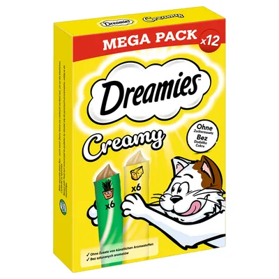 Dreamies Creamy Mega Pack x12, sin azúcares añadidos, sin aromas artificiales. Incluye 6 de queso y 6 de pollo. Envase con fondo amarillo y gato.
