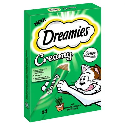 Dreamies Creamy, nuevo, sin azúcar añadido, con taurina, irresistible para gatos y gatitos. Con irresistible hierba gatera. El paquete contiene 4 unidades.