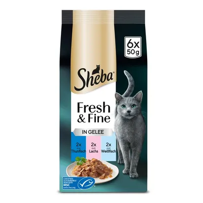 Emballage Sheba Fresh & Fine in Gelee, 6x50g. Variétés : 2x thon, 2x saumon, 2x poisson blanc. Label MSC visible. Assiette de nourriture pour chat en gelée illustrée.