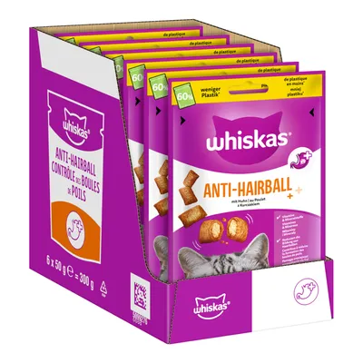 Whiskas Anti-Hairball, 6 x 50 g, vidna embalaža z napisom 'weniger Plastik* 60 %', slika prigrizkov in mačjih ušes, besedilo v nemščini in francoščini.