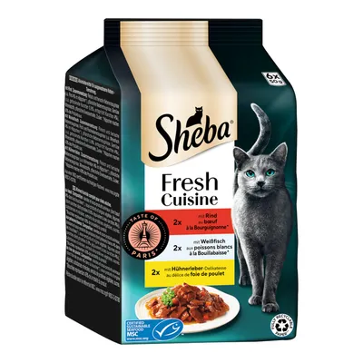 Sheba Fresh Cuisine, 6x50g. Gusti: manzo à la Bourguignonne, pesce bianco à la Bouillabaisse, delizia di fegato di pollo. Pesca MSC sostenibile certificata.