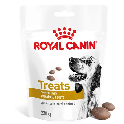 Royal Canin Treats, compatível com dietas Urinary S/O, teor mineral otimizado, 230 g. Embalagem mostra cão e snacks.