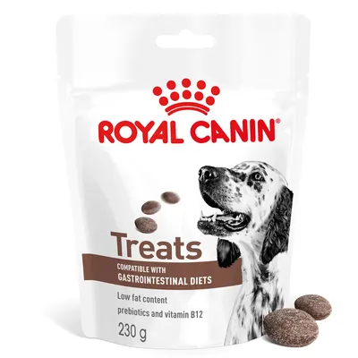 Royal Canin Treats, compatibili con diete gastrointestinali. Basso contenuto di grassi, prebiotici e vitamina B12. Confezione: 230 g.