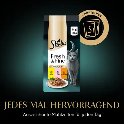 Sheba Fresh & Fine in Sauce, 6 Portionen à 50g: 2x Huhn, 2x Lachs, 2x Truthahn. Jedes Mal hervorragend – ausgezeichnete Mahlzeiten für jeden Tag.