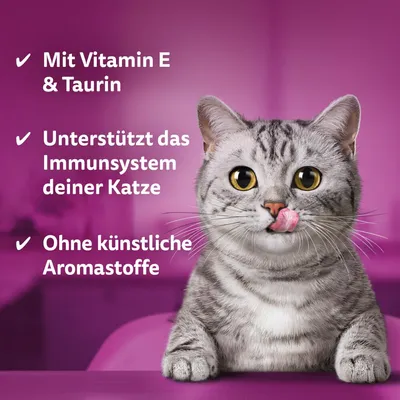 Mit Vitamin E & Taurin. Unterstützt das Immunsystem deiner Katze. Ohne künstliche Aromastoffe.