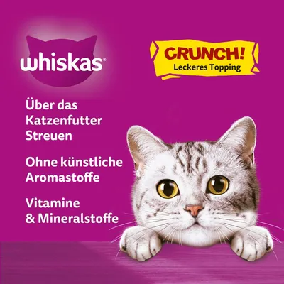 Whiskas Crunch! Leckeres Topping. Über das Katzenfutter streuen. Ohne künstliche Aromastoffe. Vitamine & Mineralstoffe.