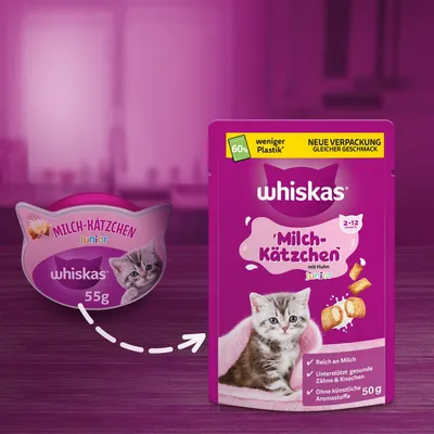 Whiskas Milch-Kätzchen Junior mit Huhn, 2-12 Monate, neue Verpackung mit 60% weniger Plastik, reich an Milch, unterstützt gesunde Zähne & Knochen, ohne künstliche Aromastoffe, 50g.