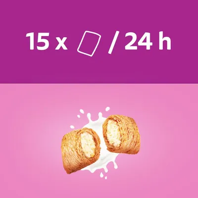 Fütterungsempfehlung: 15 Stück alle 24 Stunden. Abgebildet: Snack mit knuspriger Hülle und cremiger Füllung vor rosa Hintergrund.