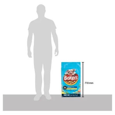 Product size comparison showing a Bakers Adult food bag next to a human silhouette, with the bag height marked as 710 mm.