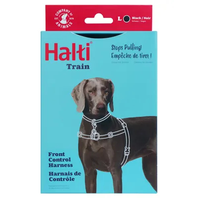 Halti Train Front Control Harness, Größe L, Farbe Schwarz. Stoppt das Ziehen. Produktverpackung mit Hund und Geschirrabbildung.