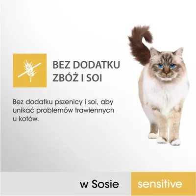 Bez dodatku zbóż i soi. Bez dodatku pszenicy i soi, aby unikać problemów trawiennych u kotów. w Sosie. sensitive.