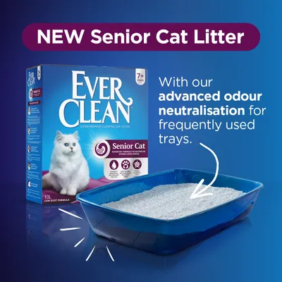 Ever Clean Senior Cat Litter with advanced odour neutralisation for frequently used trays, suitable for cats aged 7 years and over. Low dust formula shown in blue litter tray.