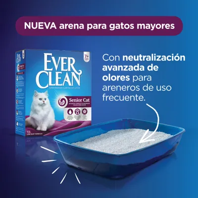 Caja de arena Ever Clean Senior Cat 10L para gatos mayores, con neutralización avanzada de olores. Indicado para areneros de uso frecuente. Visible texto: NUEVA arena para gatos mayores.