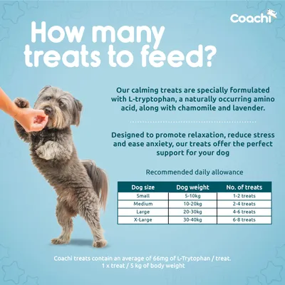 Fütterungsempfehlung für Coachi Beruhigungsleckerlis: Kleine Hunde (5-10kg) 1-2 Stück, mittlere (10-20kg) 2-4 Stück, grosse (20-30kg) 4-6 Stück, sehr grosse (30-40kg) 6-8 Stück.