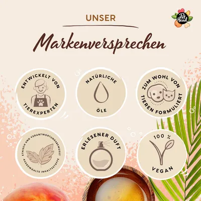Unser Markenversprechen: Entwickelt von Tierexperten, natürliche Öle, zum Wohl von Tieren formuliert, ethisch ausgewählte Inhaltsstoffe, erlesener Duft, 100% vegan.