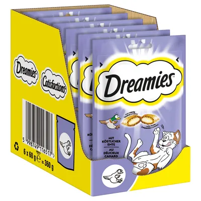 Caja expositora con 6 sobres de Dreamies, snacks para gatos. Texto visible: 'Dreamies', 'Catisfactions', 'Mit köstlicher Ente', 'Au délicieux canard'. Peso total: 360 g (6 x 60 g).