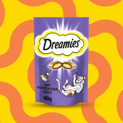 Dreamies Katzensnacks mit köstlicher Ente, 60g. Verpackung in lila mit Cartoon-Katze und Ente.