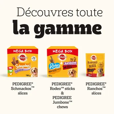 Trois boîtes de friandises pour chien Pedigree : Schmackos Mega Box 790 g, Rodeo + Jumbone Mega Box 780 g, Ranchos Slices 60 g. Texte visible : Découvres toute la gamme.