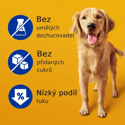 Bez umělých dochucovadel, bez přidaných cukrů, nízký podíl tuku – text v češtine na žltom pozadí vedľa psa. Výživové tvrdenia produktu.
