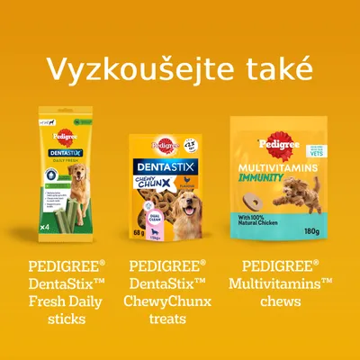 Tři balení: PEDIGREE DentaStix Fresh Daily sticks, PEDIGREE DentaStix ChewyChunx treats 68 g, PEDIGREE Multivitamins Immunity with 100% Natural Chicken 180 g. Text: Vyzkoušejte také.