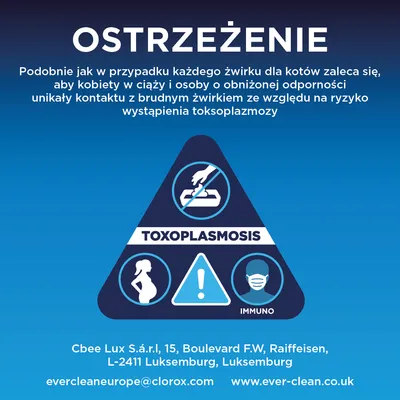 Ostrzeżenie: Kobiety w ciąży oraz osoby z obniżoną odpornością powinny unikać kontaktu z zanieczyszczonym żwirkiem dla kotów ze względu na ryzyko toksoplazmozy. Dane producenta i kontaktowe znajdują się poniżej. Ostrzeżenie: Kobiety w ciąży oraz osoby z obniżoną odpornością powinny unikać kontaktu z zanieczyszczonym żwirkiem dla kotów ze względu na ryzyko toksoplazmozy. Dane producenta i kontaktowe znajdują się poniżej.