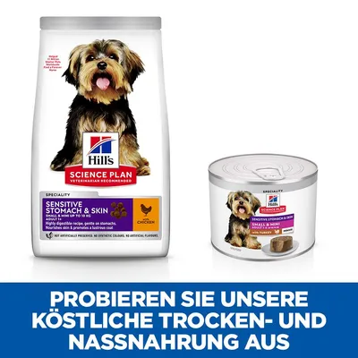 Hill's Science Plan Sensitive Stomach & Skin Trocken- und Nassnahrung für kleine Hunde. Mit Huhn oder Truthahn, leicht verdaulich, fördert gesunde Haut und glänzendes Fell.
