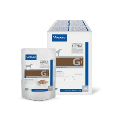 Virbac Veterinary HPM Gastro Digestive Support für Hunde, 300g Beutel und Verpackung. Loaf/Mousse Rezeptur, geeignet für Verdauungsunterstützung.