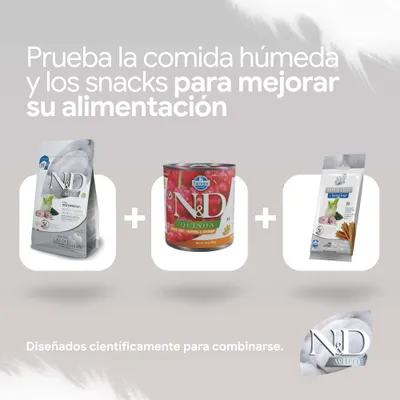 N&D White Coat pienso, N&D Quinoa comida húmeda y N&D White Coat Dental Snack. Desarrollado científicamente para combinarse.