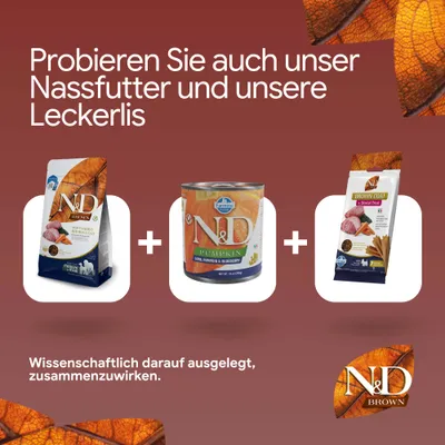 Probieren Sie auch unser Nassfutter und unsere Leckerlis. Wissenschaftlich darauf ausgelegt, zusammenzuwirken. Abgebildet: N&D Brown Trockenfutter, N&D Pumpkin Nassfutter, N&D Brown Coat Dental Treat.