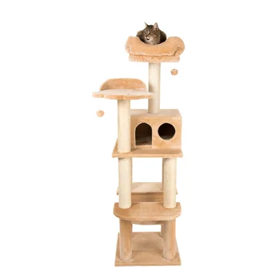 Kratzbaum mit mehreren Ebenen, Höhle, Liegeflächen und Spielbällen. Oben sitzt eine Katze in einer gepolsterten Liegefläche.
