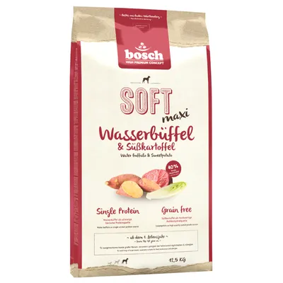 bosch SOFT maxi Wasserbüffel & Süßkartoffel, Single Protein, Grain free, 12,5 kg. Texte en allemand et anglais sur l'emballage, images de patate douce et légumes visibles.