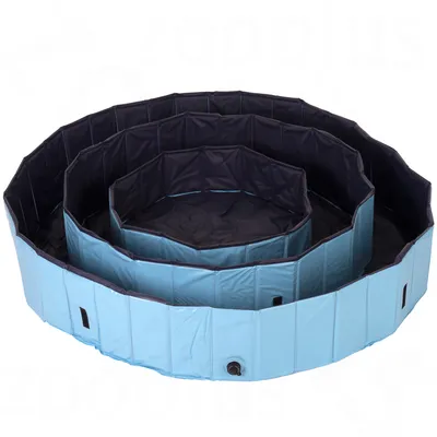 Piscina plegable azul en tres tamaños, con válvula de vaciado y interior negro.