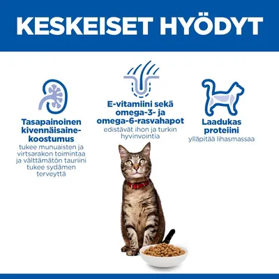 Tärkeät edut: Tasapainoinen mineraalikoostumus, E-vitamiini sekä omega-3/-6-rasvahapot, korkealaatuinen proteiini. Kuvassa kissa ruokakupin kanssa.