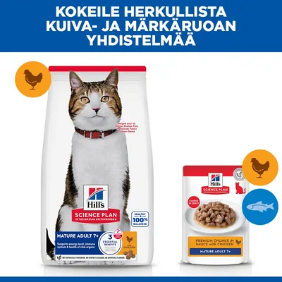 Hill's Science Plan Mature Adult 7+ kuivaruoka ja märkäruoka kanalla vanhemmille kissoille. Yhdistä kuivaruoka ja märkäruoka. Täysikasvuisille kissoille alkaen 7-vuotiaasta. Hill's Science Plan Mature Adult 7+ kuivaruoka ja märkäruoka kanalla vanhemmille kissoille. Yhdistä kuivaruoka ja märkäruoka. Täysikasvuisille kissoille alkaen 7-vuotiaasta.