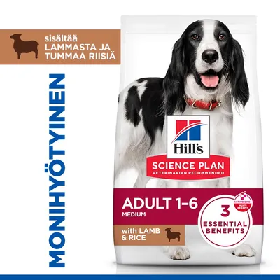 Hill's Science Plan Adult 1–6 Medium lampaanliha ja riisi, 3 Essential Benefits, sisältää lampaanlihaa ja tummaa riisiä, eläinlääkärin suosittelema. Hill's Science Plan Adult 1–6 Medium lampaanliha ja riisi, 3 Essential Benefits, sisältää lampaanlihaa ja tummaa riisiä, eläinlääkärin suosittelema.