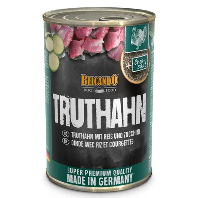 Belcando Dog Food TRUTHAHN, Truthahn mit Reis und Zucchini, Super Premium Quality, Made in Germany, + Chia-Saat. Dåse med kalkun, ris og zucchini synligt på emballagen.