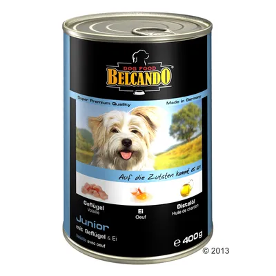 Boîte de nourriture pour chien Belcando Dog Food Junior, 400 g, ingrédients visibles : volaille, œuf, huile de chardon. Texte en allemand et français sur l’emballage.