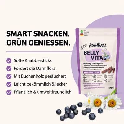 BUGBELL BELLY VITAL Knabbersticks, pflanzlich, fördert Darmflora, mit Buchenholz geräuchert, leicht bekömmlich, umweltfreundlich. Heidelbeeren und Kamille abgebildet.