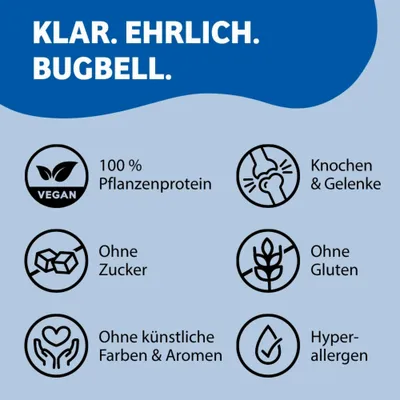 Klar. Ehrlich. Bugbell. 100% Pflanzenprotein, vegan, Knochen & Gelenke, ohne Zucker, ohne Gluten, ohne künstliche Farben & Aromen, hypoallergen.