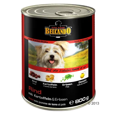 Boîte de nourriture pour chien Belcando, bœuf avec pomme de terre et pois, 800 g. Ingrédients visibles : bœuf, pommes de terre, pois, huile de chardon. Texte en allemand et français.