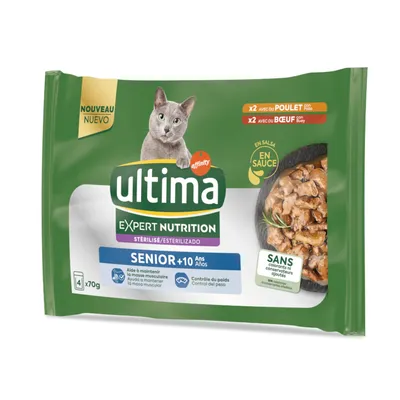 Ultima Expert Nutrition Senior +10 para gatos esterilizados, con pollo y ternera en salsa. Sin colorantes ni aditivos. Paquete con 4x70g porciones.