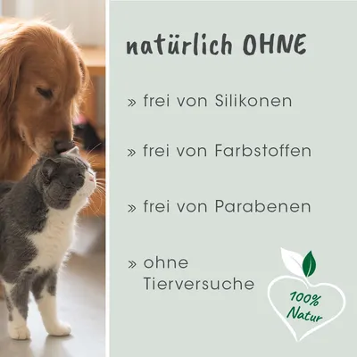 Natürlich ohne: frei von Silikonen, Farbstoffen, Parabenen und ohne Tierversuche. Herzsymbol mit Text '100% Natur'.