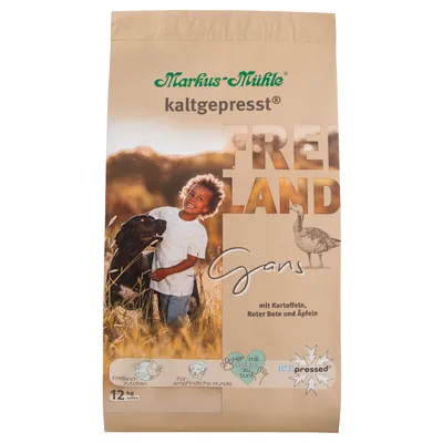 Markus-Mühle lisované za studena voľne chovaná hus so zemiakmi, červenou repou a jablkami. Voľne chované suroviny, pre citlivé psy, podporuje zdravé zuby, ICE pressed, 12 kg netto.
