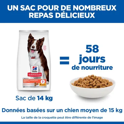 Hill's Science Plan Perfect Digestion croquettes, sac de 14 kg, suffisent pour 58 jours d'alimentation pour un chien de 15 kg. Les indications sont basées sur des besoins moyens. Hill's Science Plan Perfect Digestion croquettes, sac de 14 kg, suffisent pour 58 jours d'alimentation pour un chien de 15 kg. Les indications sont basées sur des besoins moyens.