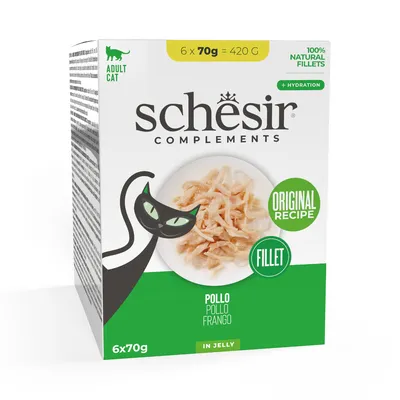 Schesir Complements för vuxna katter, originalrecept med kycklingfilé i gelé. Förpackning: 6x70g, totalt 420g. 100% naturliga filéer, +hydrering.