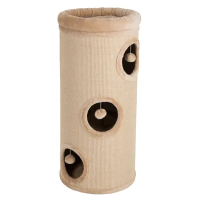 Cylindrical scratching post with three circular openings, each featuring a hanging plush ball toy inside. The exterior is covered in beige sisal material.