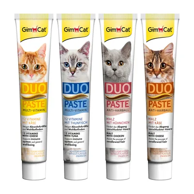 GimCat Duo Paste Multi-Vitamin sajttal, tonhallal, maláta csirkével és sajttal. Támogatja az immunrendszert és a szőrhullást. Hozzáadott cukor és ízfokozó nélkül.