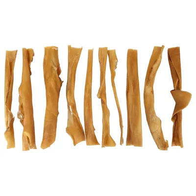 Several strips of dried beef hide, natural and without visible additives.