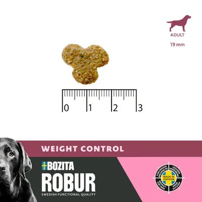 Bozita Robur Weight Control para perros adultos. Tamaño de croqueta: 19 mm. Fabricado en Suecia con ingredientes sostenibles.