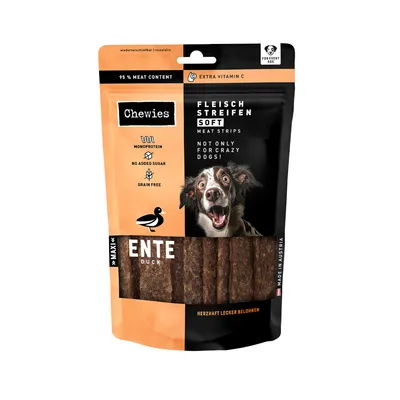 Chewies Fleisch Streifen Soft Ente, 95 % viande, extra vitamine C, monoprotein, sans sucre ajouté, sans céréales, maxi, made in Austria. Texte anglais visible sur l’emballage.